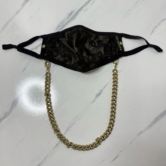NWOT Bandolier Lace Sophie Face Mask Gold Chain Black Beige Adjustable Ear Loops - Picture 3 of 11